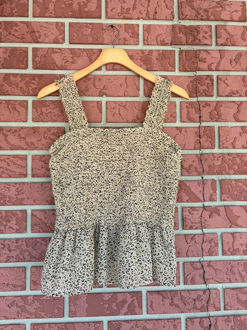 Smocked Leopard Print Peplum Tank Top - Beige